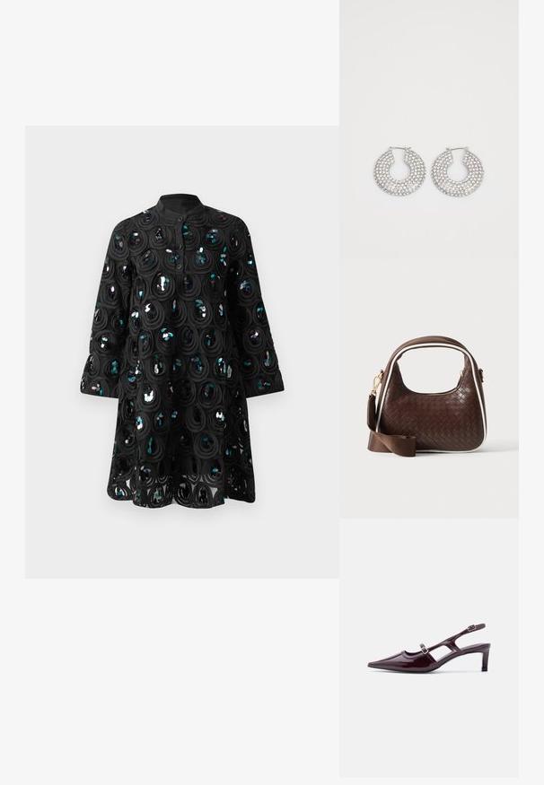 Robe noire à manches longues avec col haut, patte de boutonnage et motifs en sequins ronds créant un design texturé et brillant.; Chaussure slingback en cuir verni bordeaux avec bout pointu, talon bas et double bride à boucle réglable.; Sac à main en cuir tressé marron avec passepoil blanc, fermeture éclair dorée et bandoulière amovible en tissu marron.; Boucles d'oreilles en argent en forme de créoles ornées de multiples embellissements en cristal transparent, présentant une surface texturée et un design circulaire ouvert.