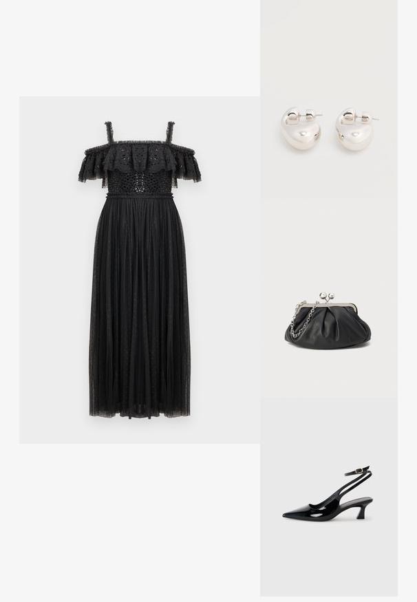 Robe maxi noire à épaules dénudées, avec un décolleté à volants en étages, un corsage ajusté orné de sequins, et une jupe fluide en transparent à pois.; Escarpins à brides arrière en cuir verni noir, à bout pointu, avec un petit talon carré et une sangle de cheville ajustable dotée d'une boucle dorée.; Porte-monnaie en cuir noir avec texture froncée, cadre en métal argenté, fermeture à verrouillage kiss-lock et bandoulière en chaîne. Surface lisse et douce.; Paire de boucles d'oreilles argentées brillantes et épaisses avec fermoirs à tige, sur fond blanc uni.
