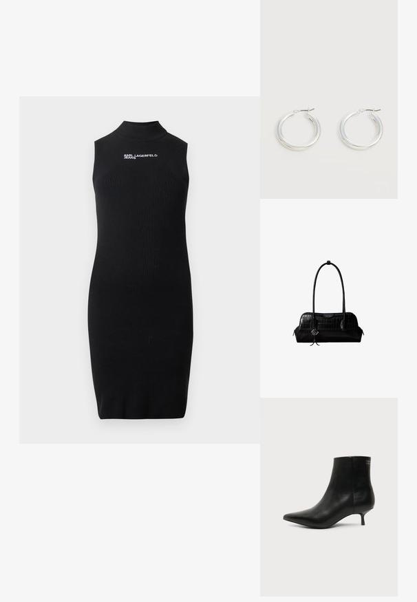 Schwarzes ärmelloses, geripptes Strickkleid mit Stehkragen und weißem "Karl Lagerfeld Jeans"-Logo auf der Brust.; Schwarzer Leder-Knöchel-Stiefel mit spitzer Spitze und niedrigem Kittenabsatz vor hellem Hintergrund, seitliche Ansicht.; Schwarze Umhängetasche aus krokodilstrukturiertem Leder mit langen Riemen und einem kleinen silbernen Logocharm an einem Riemen.; Paar mittelgroße glänzende silberne Hoop-Ohrringe mit dünnen Metallverschlüssen auf hellem neutralem Hintergrund.