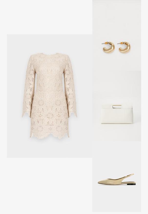 Lacekjole i en lys beige nuance med lange ærmer, blomsterprint og en bølget kanten med en tekstureret finish.; Beige spids tå slingback flad sko med lav sort hæl og en glat læderfinish, vist fra siden på en ensfarvet baggrund.; Furla GIADA POUCH - Clutches - panna; To skinnende guldøreringe i et buet design med orange accenter nær stikket, sat mod en enkel hvid baggrund.