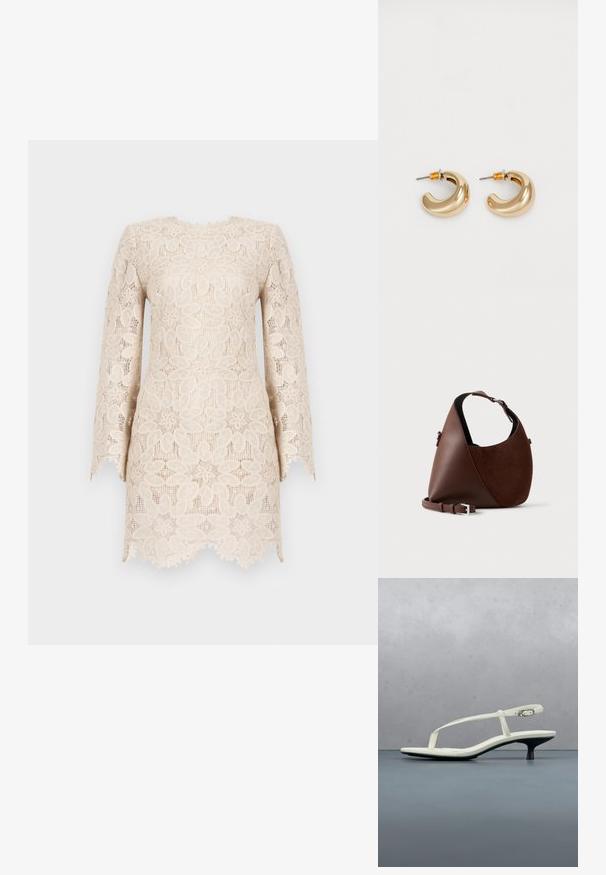 Lacekjole i en lys beige nuance med lange ærmer, blomsterprint og en bølget kanten med en tekstureret finish.; Hvid sandal med stropper og kitten-hæl med spids tå, svævende over et trægulv udendørs med en sløret plante og væg i baggrunden.; Brun skuldertaske i læder og ruskind med en buet form, justerbar rem og sølvspænde på en ensfarvet lys baggrund.; To skinnende guldøreringe i et buet design med orange accenter nær stikket, sat mod en enkel hvid baggrund.