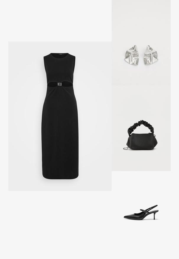 Musthave musta ilma varrukatega kleit, mille taljeosa on lõigatud ja millel on ruudukujuline hõbedane pandla, valmistatud siledast kangast ja sobib ideaalselt kehaümarustele. ; Mustad nahast slingback-kontsad terava varba ja peene reguleeritava rihmaga, umbes 5 cm kõrguse stiletto-kontsaga, siledast tekstuurist.; Musthave ringikott, millel on ümar kuju ja mis on valmistatud siledate materjalidest. Omab pehmet, mõõduka kumerusega käepidet ja metallist ahelhõlma, mis pakub mitmekesiseid kandmisvõimalusi.; Hõbedased metallkõrvarõngad lainelise, skulpturaalse disainiga, millel on poleeritud viimistlus ja ebaregulaarsed kujundid, rõhutades kaasaegset esteetikat.