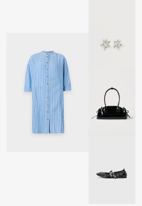 Hellblaues Baumwollhemdkleid mit weißen vertikalen Streifen, rundem Kragen, Dreiviertelärmeln und vorderer Knopfleiste; verfügt über seitliche Taschen.; Schwarze Leder-Ballerinas mit spitzem Zehenbereich, gerafften Details am Schaft und einem silbernen Schnallenakzent am verstellbaren Riemen.; Kleine schwarze glänzende Handtasche mit zwei langen Griffen und seitlichen Kordelzug-Details vor einfachem hellem Hintergrund.; Silberne, sternförmige Creolen mit einer glatten, polierten Oberfläche auf weißem, schlichtem Hintergrund.