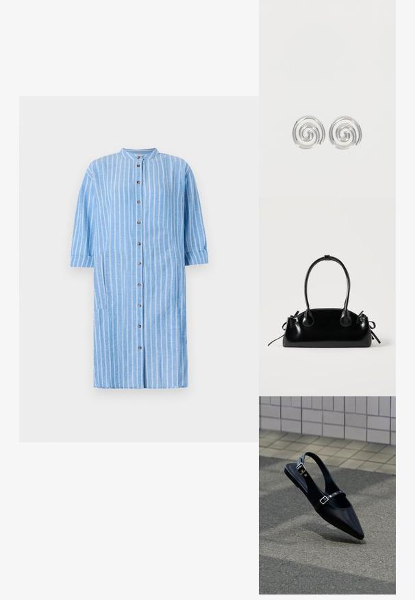 Robe chemise en coton bleu clair avec des rayures verticales blanches, col arrondi, manches trois quarts et fermeture à boutons sur le devant ; comprend des poches latérales.; Mocassin noir à bout pointu et bride arrière, avec double boucle, posé sur un asphalt gris près d'un mur carrelé en arrière-plan.; Petit sac à main noir brillant avec deux longues anses et des détails à cordon sur les côtés sur un fond clair uni.; Paire de boucles d'oreilles en forme d'anneau spirale en argent avec un design lisse et arrondi sur fond blanc uni.