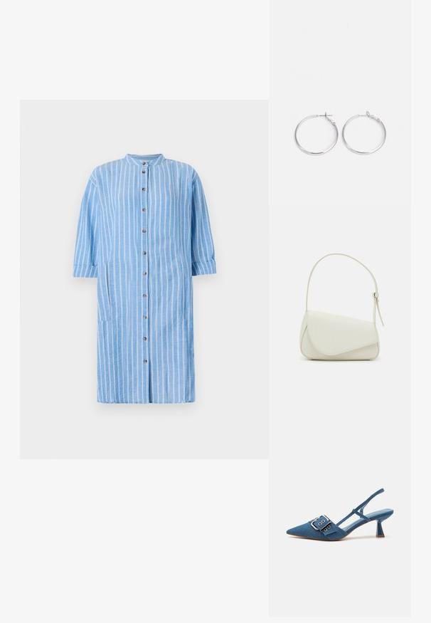 Robe chemise en coton bleu clair avec des rayures verticales blanches, col arrondi, manches trois quarts et fermeture à boutons sur le devant ; comprend des poches latérales.; Pompes slingback en denim avec un bout pointu, une sangle réglable à boucle et un talon bleu brillant. Texture lisse avec une semelle intérieure bleu clair.; Sac à main en cuir synthétique blanc avec une forme triangulaire structurée, une bandoulière unique réglable et un rabat à courbes accentuées.; sweet deluxe EARRING - Boucles d'oreilles - silver-coloured