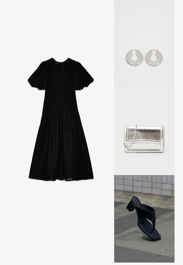 Vestido midi negro con una tela texturizada, mangas abullonadas y un cuerpo fruncido que se despliega en una falda amplia. Escote suave.; Sandalia negra de tacón con puntera cuadrada y tiras anchas, colocada sobre asfalto gris cerca de una pared con azulejos.; Bolso de mano metálico plateado con textura suave, cierre de solapa y cadena para el hombro. Presenta un diseño rectangular estructurado y acentos cosidos.; Aros de plata en forma de aro adornados con múltiples embellishments de cristal transparente, con una superficie texturizada y un diseño circular abierto.