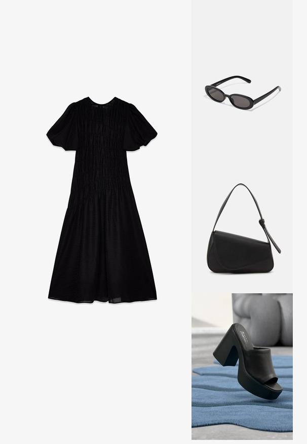 Robe noire midi en tissu texturé, avec des manches à volants et un corsage froncé qui s'évase en une jupe ample. Encolure lisse.; Chaussure mule à plateforme noire à talon haut et bout ouvert reposant sur un tapis texturé bleu avec un mobilier gris flou en arrière-plan.; Even&Odd by Zalando Lunettes de soleil - black; Sac à main en cuir noir de forme triangulaire, avec un rabat incliné et une poignée supérieure arrondie. Il présente une texture lisse et des détails de design minimalistes.
