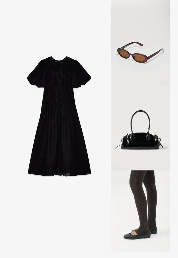 Vestido midi negro con una tela texturizada, mangas abullonadas y un cuerpo fruncido que se despliega en una falda amplia. Escote suave.; Piernas con leggings oscuros acanalados combinados con bailarinas negras que presentan pequeños detalles de lazo sobre un fondo blanco.; Gafas de sol redondas con tinte marrón y un marco burdeos brillante. Patillas delgadas con un sutil detalle de marca. Diseño de lentes planos.; Pequeño bolso negro brillante con dos asas largas y detalles de cordón lateral sobre un fondo claro liso.