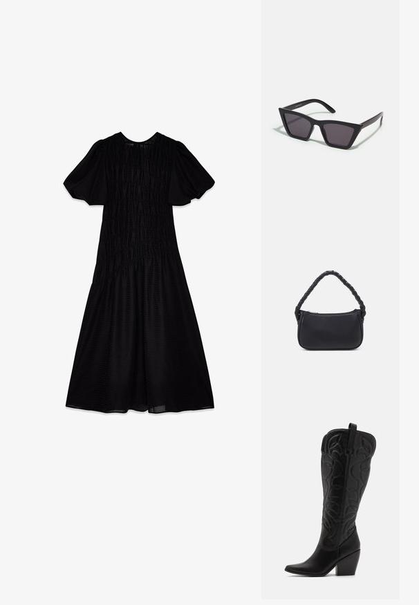 Vestido midi negro con una tela texturizada, mangas abullonadas y un cuerpo fruncido que se despliega en una falda amplia. Escote suave.; Botas negras de cuero hasta la rodilla con punta puntiaguda y tacón apilado. Presentan costuras decorativas y elementos de diseño curvados.; Gafas de sol negras y angulares con lentes grises; fabricadas en plástico, con varillas gruesas de superficie suave y sin herrajes visibles.; Bolso negro de forma redondeada, hecho de material liso. Presenta un asa trenzada y un cierre de cremallera para un almacenamiento seguro.