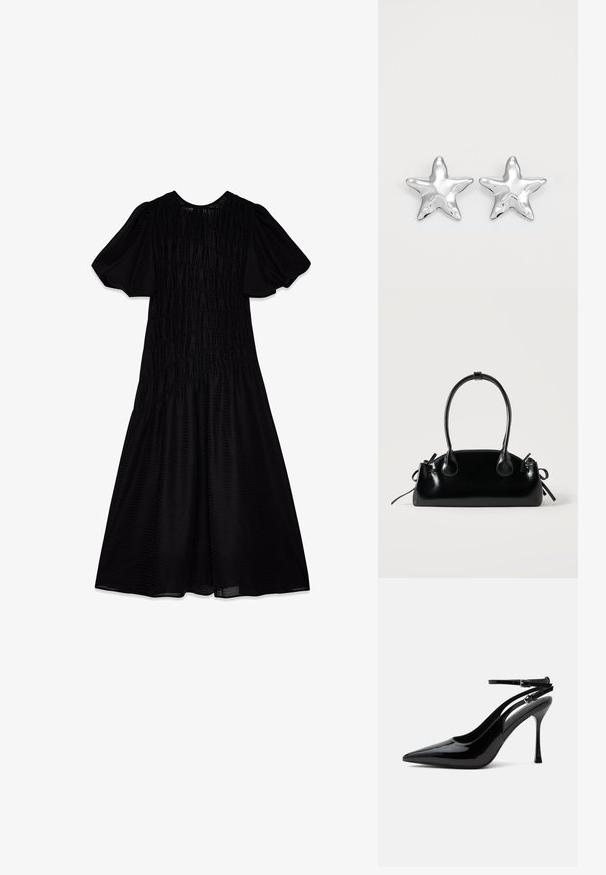 Vestido midi negro con una tela texturizada, mangas abullonadas y un cuerpo fruncido que se despliega en una falda amplia. Escote suave.; Zapato destalonado de piel de charol negra con tacón alto, punta puntiaguda y doble tirante en el tobillo con hebillas plateadas.; Pequeño bolso negro brillante con dos asas largas y detalles de cordón lateral sobre un fondo claro liso.; Pendientes en forma de estrella plateada con una superficie pulida y brillante. Cada pendiente presenta cinco puntas y sutiles detalles de textura en la superficie.