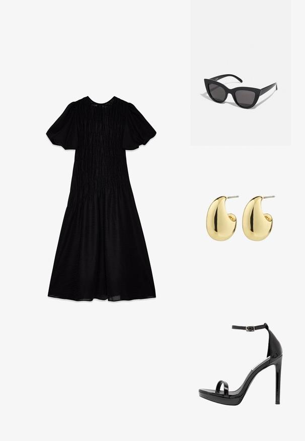 Vestido midi negro con una tela texturizada, mangas abullonadas y un cuerpo fruncido que se despliega en una falda amplia. Escote suave.; Steve Madden MILANO - Sandalias de tacón - black; Gafas de sol negras en forma de ojo de gato con un acabado mate, que presentan lentes ahumados grises, ángulos pronunciados y brazos laterales elegantes. Nombre de la marca visible en el interior del brazo.; Pendientes de stud en tono dorado con una superficie suave y pulida, que presentan una forma abstracta en forma de lágrima. Hardware de metal simple para la sujeción.