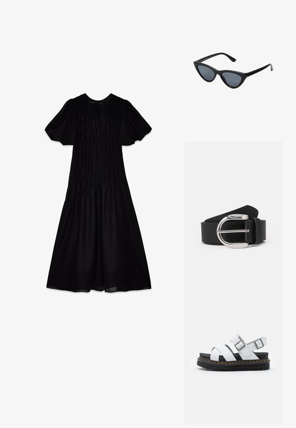 Vestido midi negro con una tela texturizada, mangas abullonadas y un cuerpo fruncido que se despliega en una falda amplia. Escote suave.; Sandalias de cuero blancas con correas ajustables con hebilla, suela de plataforma negra en capas y detalle de costura naranja a lo largo del borde.; Gafas de sol negras en forma de ojo de gato con lentes gris oscuro, marco de plástico elegante, esquinas puntiagudas y patillas rectas. Sin herrajes ni acentos visibles.; Cinturón de cuero negro con una hebilla de metal plateada, con una textura suave y un diseño clásico. La correa tiene un ancho de 1.5 pulgadas.