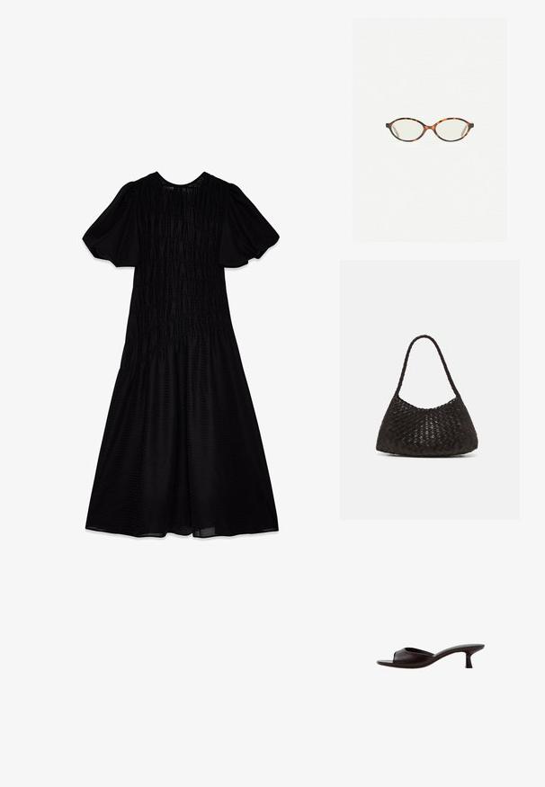 Robe noire midi en tissu texturé, avec des manches à volants et un corsage froncé qui s'évase en une jupe ample. Encolure lisse.; Sandale mule noire à bout ouvert avec un talon bas courbé et une tige en cuir lisse sur fond blanc.; Lunettes en écaille de tortue avec des verres ovales et une finition lisse et élégante. Présente des branches fines avec une courbure subtile au niveau des tempes. Verres transparents.; DRAGON DIFFUSION ROSANNA - Sac à main - dark brown
