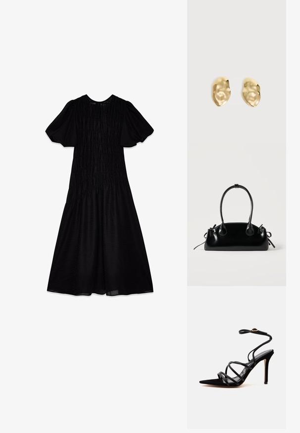 Vestido midi negro con una tela texturizada, mangas abullonadas y un cuerpo fruncido que se despliega en una falda amplia. Escote suave.; Sandalia negra de tacón alto con puntera punta, tiras finas cruzadas y una correa en el tobillo con hebilla dorada sobre un fondo claro y liso.; Pequeño bolso negro brillante con dos asas largas y detalles de cordón lateral sobre un fondo claro liso.; Par de pendientes de metal dorado brillante, con forma irregular y superficie arrugada y lisa sobre un fondo claro y sencillo.