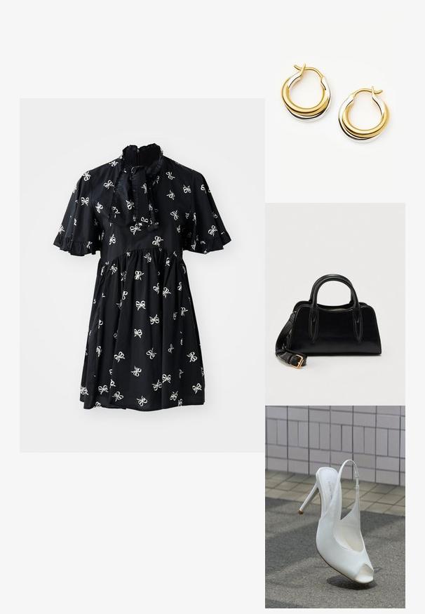 Schwarzes Kleid mit kurzen Ärmeln, das weiße Schleifenmuster, geraffte Akzente, einen hohen Kragen und eine geraffte Taille aufweist.; Weißer Slingback-Pumps mit Absatz und offenem Zehenbereich auf dem Bürgersteig vor einer gefliesten Wand, wirft einen Schatten auf den Boden.; Schwarze Ledertasche mit doppelten Griffen und einem abnehmbaren Schulterriemen mit goldener Schnalle, vor einem schlichten weißen Hintergrund.; Missoma LUCY WILLIAMS CHUNKY - Ohrringe - silver-coloured/gold-coloured