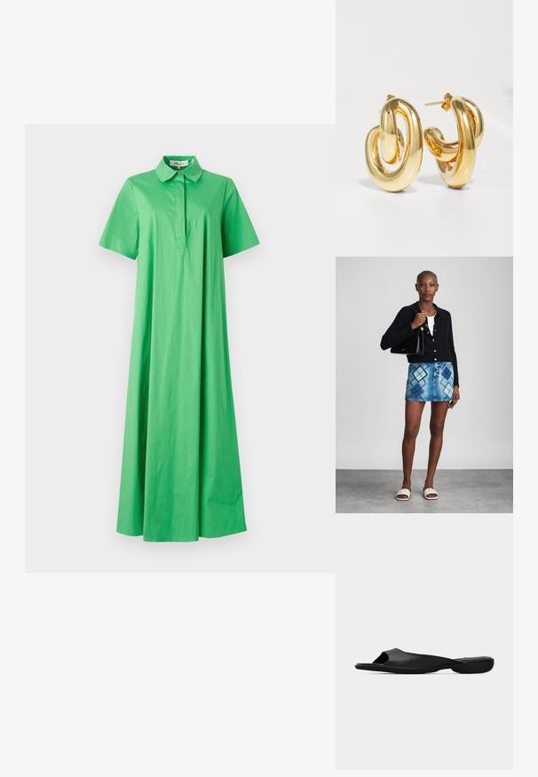 Grøn bomulds kjole med krave, korte ærmer og en afslappet, gulvlængde silhuet. Glat tekstur uden synlige mønstre.; Sort åben tå-slide sandal med tekstureret sål og minimalistisk design, set fra siden på en ensartet lys grå baggrund.; Sort striktrøje, hvid top, denimnederdel med blå og sort diamantmønster, sort håndtaske og beige slidesandaler.; Charlotte Chesnais BO INITIAL BLOW - Øreringe - gold-coloured