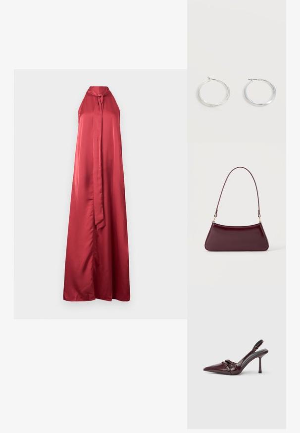 Vestido de satén rojo sin mangas con un escote en forma de llave y una silueta larga y fluida. Presenta un detalle atado en el escote y una textura suave.; Zapato de tacón slingback de charol burdeos con puntera puntiaguda, fina correa en el tobillo y pequeño detalle decorativo de hebilla. Textura suave y tacón alto.; Bolso brillante de color burdeos oscuro con un asa fina y única y una forma elegante de trapecio sobre un fondo claro y liso.; Pendientes de aro de metal plateado con superficie lisa y ligeramente curvada y cierre de tipo mosquetón sobre un fondo blanco liso.