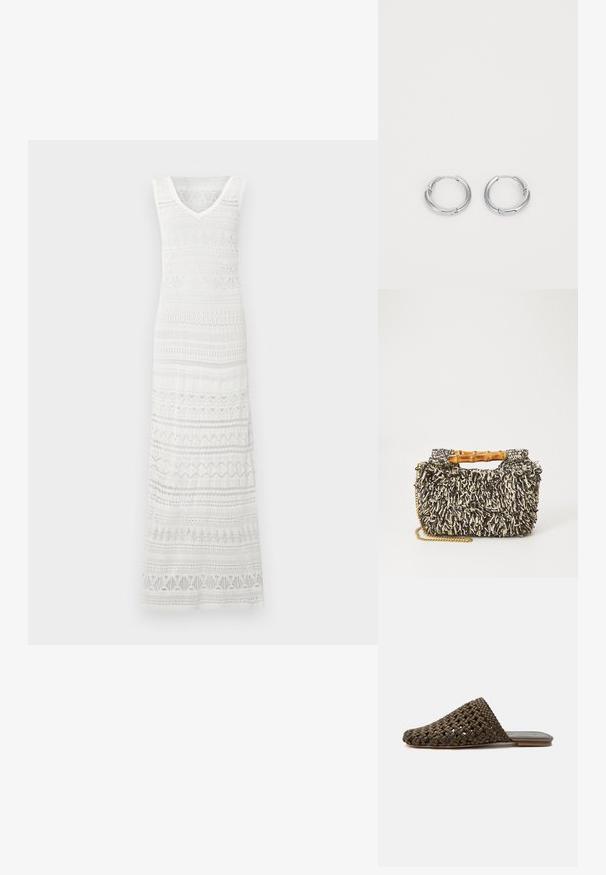 Robe maxi blanche sans manches avec encolure en V, avec des motifs horizontaux en dentelle et crochet sur tout le tissu.; Mule tissée marron à enfiler avec une semelle plate et un bout fermé arrondi sur fond blanc.; Sac tissé avec un motif texturé noir et crème, une poignée en bambou et une bandoulière en chaîne dorée amovible. Forme rectangulaire compacte.; Boucles d'oreilles en argent en forme de rond, avec une finition lisse et polie. Éléments circulaires avec un petit fermoir pour la fermeture. Design minimaliste, léger.