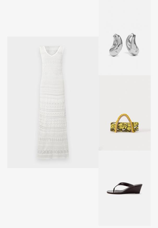 Robe maxi blanche sans manches avec encolure en V, avec des motifs horizontaux en dentelle et crochet sur tout le tissu.; Sandale compensée en cuir verni marron avec bride entre les orteils et bout ouvert, vue de profil sur un fond uni.; Sac rectangulaire avec motif floral jaune et noir et anse tressée jaune et rose sur fond blanc.; Boucles d'oreilles en argent en forme de créoles avec une finition incurvée et brillante, et un design sans couture. Équipées d'une fermeture à charnière pour un port sécurisé.