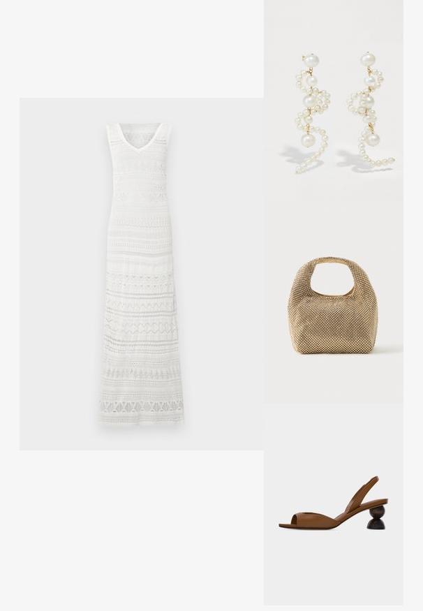 Robe maxi blanche sans manches avec encolure en V, avec des motifs horizontaux en dentelle et crochet sur tout le tissu.; Sandale marron à bout ouvert avec bride arrière, dotée d'un talon en bois rond distinctif en deux parties sur un fond clair uni.; Petit sac à main doré recouvert de clous ronds brillants avec une poignée courte et une découpe rectangulaire en haut.; Boucles d'oreilles en perles blanches avec un design torsadé, mettant en valeur des perles de tailles variées et des accents dorés. Texture lisse et forme élégante.