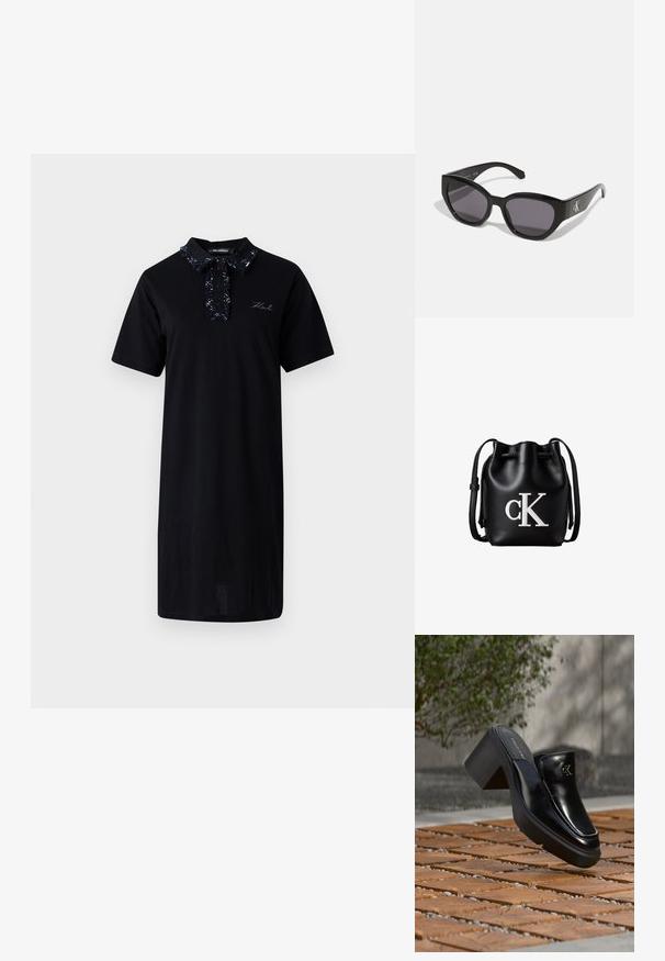 Zwart katoen jurk met korte mouwen, voorzien van een geprinte kraag, knopenlijst en geborduurd logo op de borst.; Zwarte leren Calvin Klein slip-on mule met blokhak rustend op houten tegels buiten, vlak bij een groene plant en een grijze muur.; Zwarte zonnebril met een strak, hoekig ontwerp, donkere lenzen en een contrasterend zilveren logo aan de zijkant. Glad kunststof oppervlak.; Zwarte leren bucketbag met koordsluiting aan de bovenkant en wit "cK" logo aan de voorkant, met een verstelbare schouderband.