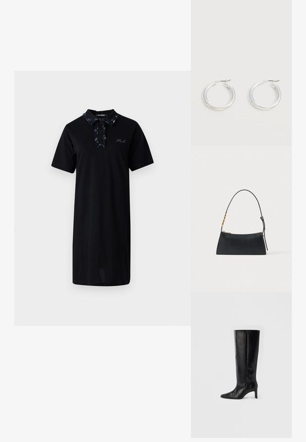 Vestido negro de manga corta hecho de algodón, con un cuello estampado, placket abotonado y detalle de logotipo bordado en el pecho.; Botas negras hasta la rodilla hechas de cuero suave, con punta puntiaguda y tacón delgado, con caña ajustada y diseño minimalista.; Bolso de mano de cuero negro con cremallera dorada y correa ajustable con detalles rectangulares dorados sobre un fondo blanco.; Par de pendientes de aro plateados brillantes de tamaño mediano con cierres metálicos finos sobre un fondo neutro claro.