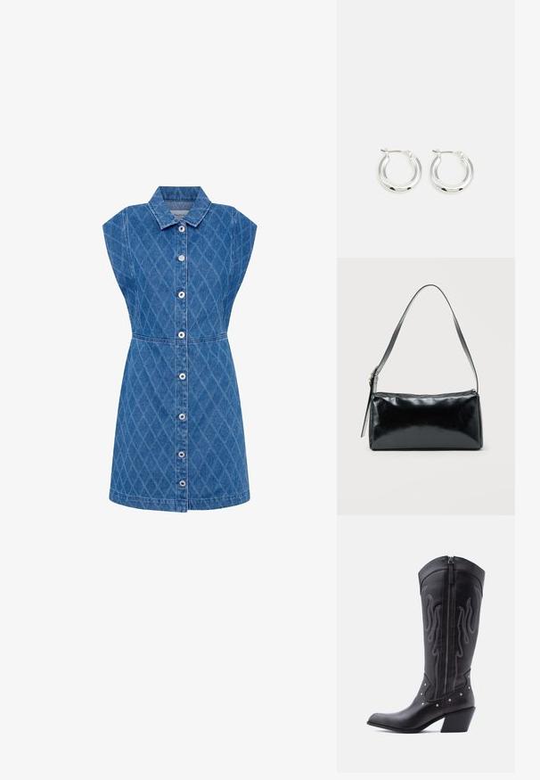 Robe en denim avec un col cranté, texture en motif de diamant, manches courtes et fermeture à boutons sur le devant. Couleur bleue, taille cintrée, longueur au genou.; Bottes de cow-boy en cuir noir avec bout pointu, coutures apparentes, ornements à clous argentés et fermeture éclair sur le côté intérieur.; Sac d'épaule rectangulaire noir avec une sangle réglable unique et une fermeture éclair supérieure sur un fond uni.; Boucles d'oreilles en argent avec une finition polie, présentant une forme circulaire et une fermeture à charnière. Texture lisse avec un minimum de détails.
