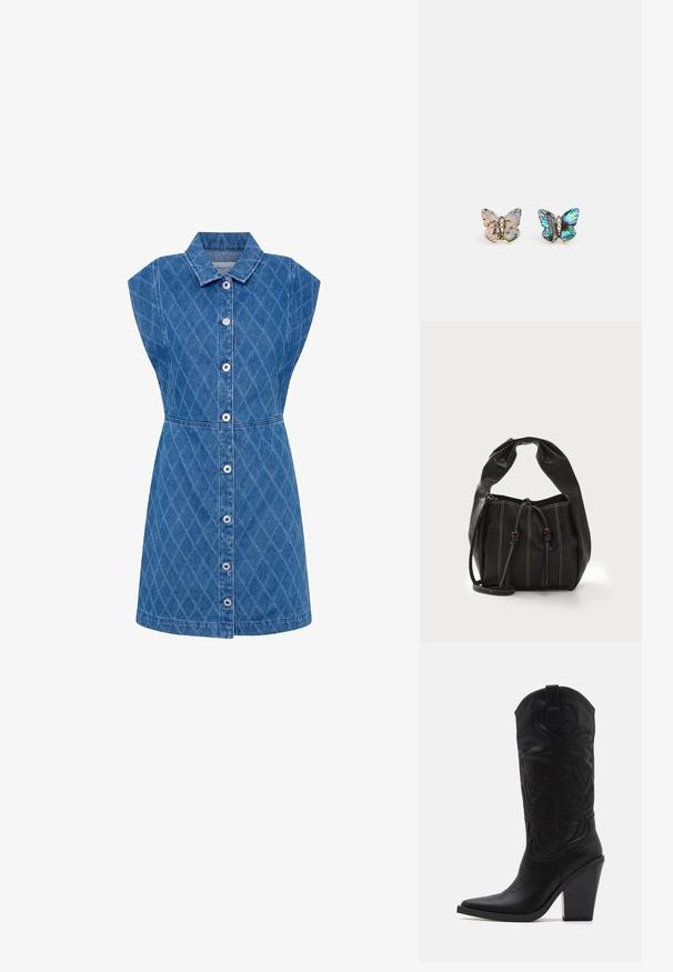 Jeanskleid mit kragenförmigem Ausschnitt, Struktur im Rautenmuster, kurzen Ärmeln und Knopfleiste. Blaue Farbe, tailliert, knielang.; Simmi London DANIQUE - High Heel Stiefel - black; Schwarze Lederhandtasche mit abgerundetem oberen Teil, Zugverschluss und kontrastierendem Nähen. Verfügt über kurze, weiche Griffe und dekorative Perlen.; Schmetterlingsförmige Ohrringe aus schillerndem Material; eine Seite ist in der Mitte mit klaren Steinen besetzt. Die Farben wechseln zwischen Blau, Grün und Lila.