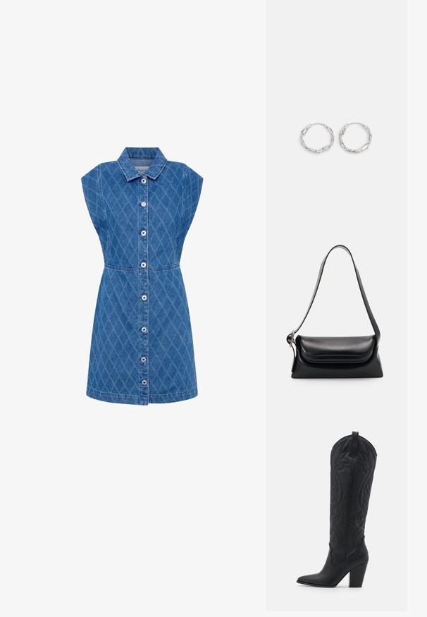 Denim kjole med krave, diamantmønstertekstur, korte ærmer og knaplukning foran. Blå farve, tætsiddende talje, knælængde.; Zign by Zalando LEATHER - Cowboy- / bikerstøvler - black; Sort læderhåndvask med en struktureret form, en glat overflade og en enkelt skulderrem. Har et subtilt, rundet klapdesign.; Sølv hoops med en bølget, uregelmæssig tekstur. Har en tynd, cirkulær form og en reflekterende finish.