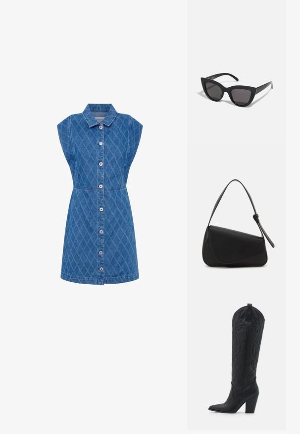 Robe en denim avec un col cranté, texture en motif de diamant, manches courtes et fermeture à boutons sur le devant. Couleur bleue, taille cintrée, longueur au genou.; Zign by Zalando LEATHER - Bottes de cowboy / motard - black; Lunettes de soleil noires en forme d'œil de chat avec une finition mate, dotées de verres teintés gris, d'angles aigus et de branches élégantes. Nom de la marque visible sur la branche intérieure.; Sac à main en cuir noir de forme triangulaire, avec un rabat incliné et une poignée supérieure arrondie. Il présente une texture lisse et des détails de design minimalistes.