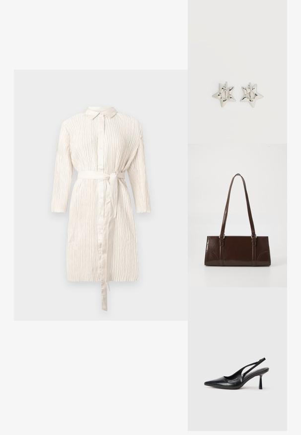 Ivoorkleurige jurk met lange mouwen, een knoopsluiting aan de voorkant, een ceintuur op taillehoogte en een textuur met plooien. Heeft een klassieke kraag en een zachte glans.; Zwarte leren slingback hoge hak schoenen met puntige neus en slanke hak op een witte achtergrond.; Bruine lakleren handtas met een rechthoekige vorm, twee lange handvatten en subtiele gebogen accenten aan de voorkant.; Zilverkleurige stervormige oorringen met een gladde, gepolijste afwerking op een effen witte achtergrond.
