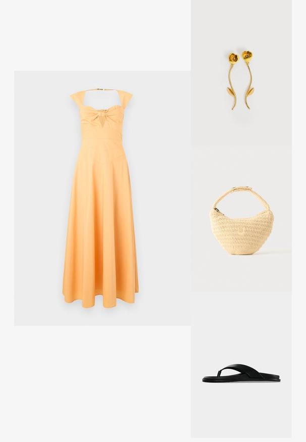Robe jaune avec un corsage ajusté, détail de nœud au centre et jupe évasée. Dispose de larges bretelles et d'une texture lisse.; Sandale plate noire avec une bride entre les orteils et une large bande traversant le pied, vue de profil sur un fond uni.; Sac à main beige tissé avec corps arrondi, fermeture éclair et une sangle courte et épaisse dans un style crochet simple et texturé.; Boucles d'oreilles dorées en forme de fleurs avec des tiges courbées et une seule feuille sur chaque tige, sur fond blanc.
