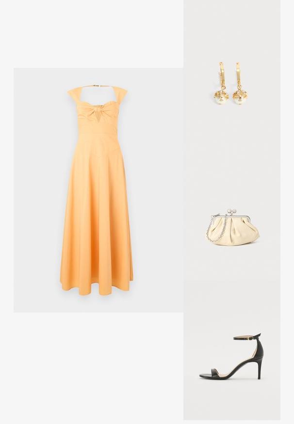 Robe jaune avec un corsage ajusté, détail de nœud au centre et jupe évasée. Dispose de larges bretelles et d'une texture lisse.; Sandale à talons hauts en cuir noir avec une lanière de cheville. Présente une texture lisse, un bout ouvert et un talon fin. Détail de boucle en ton doré.; Pochette en cuir beige plissé avec un cadre en métal argenté, dotée de deux fermoirs ronds décoratifs et d'une chaîne en argent.; Boucles d'oreilles créoles en or avec des perles blanches pendantes serties d'or et de petits cristaux clairs sur un fond clair uni.