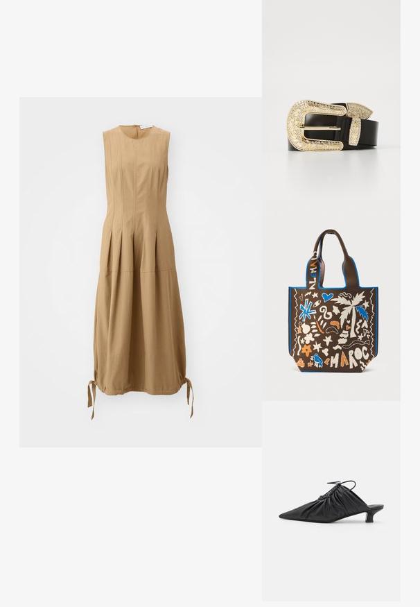 Proenza Schouler White Label MARLEY DRESS IN TECH - Hverdagskjole - dark birch; Sorte læder slip-on mules med spids tå, samlet tekstur og en lille kitten heel. Har en snor-detalje ved åbningen.; Brun tote-taske med blå kant, der har et legende design med palmer, hjerter og abstrakte former i orange og hvid på forsiden.; Sort læderbælte med en stor, udsmykket guldspænde, der er prydet med rhinsten og intrikate blomsterdesigns.