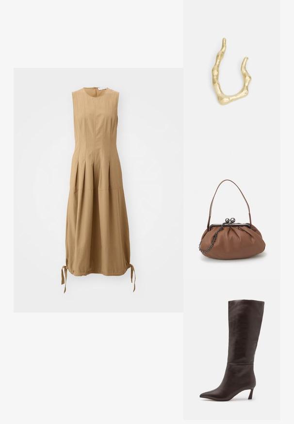 Proenza Schouler White Label MARLEY DRESS IN TECH - Hverdagskjole - dark birch; Steve Madden LAVAN - Høje støvler/ Støvler - brown; Brun læderhåndtaske med en samlet design, en kort læderhank og en kædestrop. Har en sølvmetalspænde med to runde pynt.; Guldfarvet ring med et uregelmæssigt, bølget design. Har en tekstureret overflade og varierende tykkelser, der minder om organiske former.
