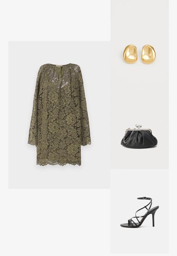 Olivegrünes Spitzenkleid mit langen Ärmeln, floralem Muster, Rundhalsausschnitt und Bindebandverschluss vorne. Detail mit gewelltem Saum.; Schwarze High-Heel-Sandale mit dünnen Riemen, einem Knöchelverschluss, einer glatten Lederoberfläche und einem schlanken Stiletto-Absatz.; Schwarze Leder-Clutch mit geraffter Textur, silberfarbener Metallrahmen, Druckverschluss und Kettenriemen. Glatte, weiche Oberfläche.; Goldfarbene Ohrstecker mit einer glatten, runden Form und einer reflektierenden Oberfläche, die ein minimalistisches Design ohne sichtbare Muster zeigen.