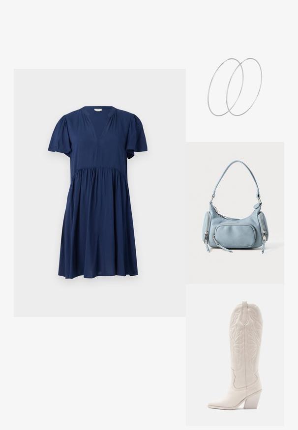 Vestido azul marino con mangas cortas abullonadas, escote en V y cinturilla fruncida. Fabricado en una tela suave y ligera con un diseño fluido.; Bota vaquera de cuero blanco con punta afilada y tacón bloqueado. Presenta patrones de costura intrincados en el caña y una textura suave.; Bolso de mano de cuero azul claro con forma redondeada, dos bolsillos con cremallera, un asa corta y acentos de hardware en plata. Textura suave.; Pendientes de aro plateados con un diseño minimalista. Forma circular, textura suave y perfil delgado. Livianos con un acabado pulido.