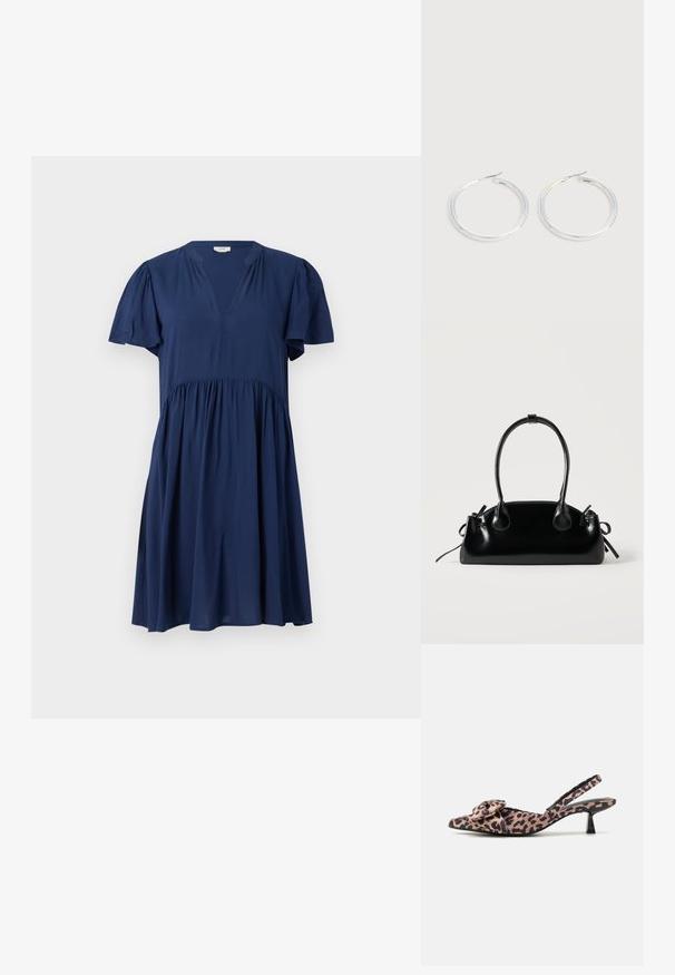 Dunkelblaues Kleid mit kurzen Puffärmeln, V-Ausschnitt und geraffter Taille. Hergestellt aus weichem, leichtem Stoff mit fließendem Design.; Pumps mit spitz zulaufender Zehenpartie und Slingback in Leopardenmuster mit einem Schleifenakzent, ausgestattet mit einem niedrigen schwarzen Absatz und glatter Textur.; Kleine schwarze glänzende Handtasche mit zwei langen Griffen und seitlichen Kordelzug-Details vor einfachem hellem Hintergrund.; Paar glänzende silberne Creolen mit dünnen Drahtverschlüssen, dargestellt vor einem hellgrauen Hintergrund.