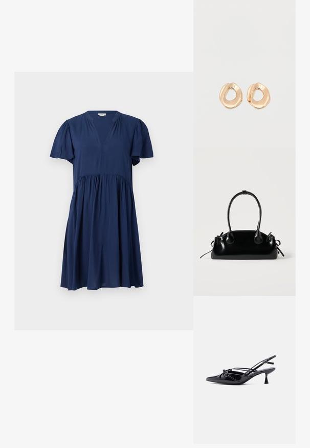 Dunkelblaues Kleid mit kurzen Puffärmeln, V-Ausschnitt und geraffter Taille. Hergestellt aus weichem, leichtem Stoff mit fließendem Design.; Schwarzer Slingback-Pumps aus Lackleder mit spitzer Zehenpartie, niedrigem Kitten-Heel und dekorativer, geknoteter Schleife vorne.; Kleine schwarze glänzende Handtasche mit zwei langen Griffen und seitlichen Kordelzug-Details vor einfachem hellem Hintergrund.; Paar unregelmäßig geformter, polierter Creolen aus goldfarbenem Metall mit offenem Zentrum auf weißem Hintergrund.