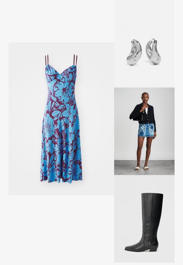 Ärmelloses Kleid mit blauem Blumenmuster auf tiefem lila Hintergrund; es verfügt über verstellbare Spaghetti-Träger und eine lockere Passform.; Schwarze kniehohe Lederstiefel mit spitz zulaufender Zehenpartie und niedrigem Blockabsatz, mit glatter Textur und sauberem, schnörkellosem Design.; Schwarze Strickjacke, weißes Oberteil, Jeansrock mit blauem und schwarzem Diamantenmuster, schwarze Handtasche und beige Rutschsandalen.; Silberne Creolen mit einer gebogenen, glänzenden Oberfläche und einem nahtlosen Design. Verfügt über einen Scharnierverschluss für sicheren Halt.