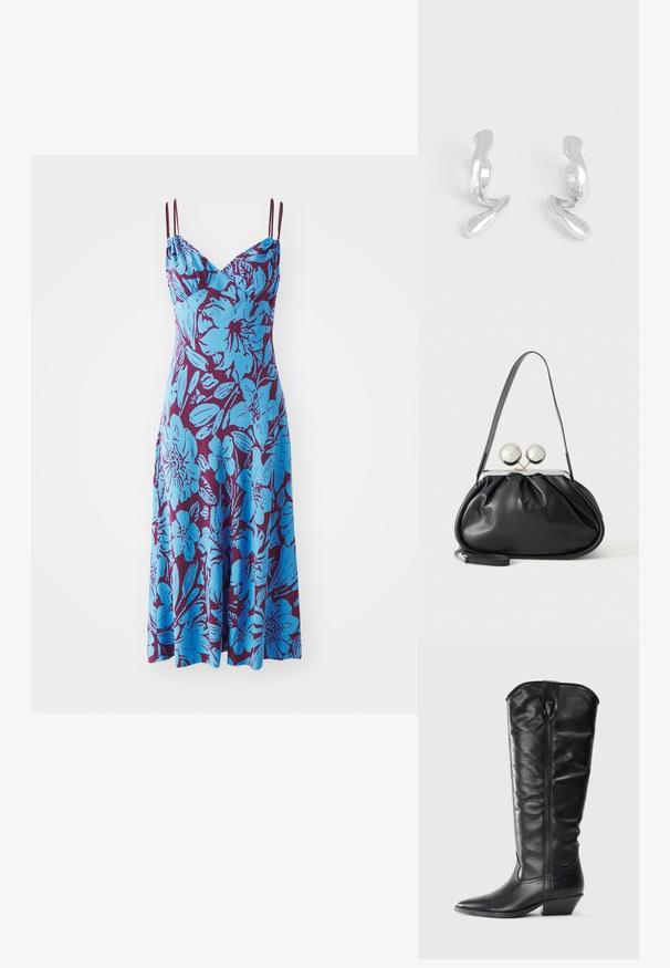 Ärmelloses Kleid mit blauem Blumenmuster auf tiefem lila Hintergrund; es verfügt über verstellbare Spaghetti-Träger und eine lockere Passform.; Knöchelhohe schwarze Lederstiefel mit einer spitzen Zehenform und einem Blockabsatz. Sie besitzen eine glatte Oberfläche und eine dezente Nahtdetails an der Vorderseite.; Schwarze Ledertasche mit gerafftem Design, einem einzelnen Riemen, silbernem Metallrahmen und zwei großen runden silbernen Verschlüssen.; Ein Paar glänzende silberne Ohrringe in abstrakter Form vor einem schlichten weißen Hintergrund.