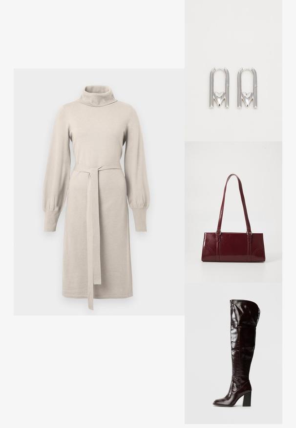 Robe tricotée beige avec un col montant, de longues manches bouffantes et une ceinture à la taille. Présente une coupe droite avec des accents côtelés.; Bottes en cuir bordeaux glacé montant jusqu'au genou, avec un bout carré et un talon bloc, présentant un design ample et des détails de couture minimalistes.; Sac à main bordeaux en matériau brillant, de forme rectangulaire, avec deux anses et des accents légèrement courbés à l'avant.; Boucles d'oreilles en métal argenté présentant une forme en U avec un accent en forme de cœur à la base, une texture lisse et une finition polie.