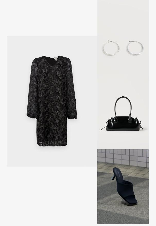 Schwarzes Spitzenkleid mit floralem Muster, V-Ausschnitt und langen Puffärmeln. Durchsichtiger Stoff mit Innenfutter; lockere Passform und bis zur Mitte des Oberschenkels.; Schwarzer Mule mit offenem Zehenbereich, Blockabsatz und quadratischer Spitze, mit der Marke "EVEN&ODD", auf grauem Pflaster neben einer gefliesten Wand platziert.; Kleine schwarze glänzende Handtasche mit zwei langen Griffen und seitlichen Kordelzug-Details vor einfachem hellem Hintergrund.; Silberne Metallcreolen mit glatter, leicht gebogener Oberfläche und Klappverschluss vor schlicht weißem Hintergrund.