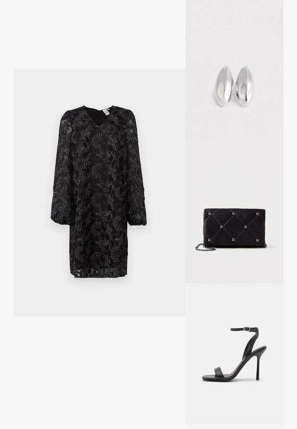 Schwarzes Spitzenkleid mit floralem Muster, V-Ausschnitt und langen Puffärmeln. Durchsichtiger Stoff mit Innenfutter; lockere Passform und bis zur Mitte des Oberschenkels.; Schwarze High-Heels-Sandalen mit schlankem Knöchelriemen und zwei vorderen Riemen. Aus glattem Leder gefertigt, mit einer eleganten spitzen Zehenform und einem Stiletto-Absatz.; Schwarze, gesteppten Satin-Clutch mit silbernen Pyramidennieten, Kettenriemen, rechteckiger Form und glatter Oberfläche. Maße: 10 cm x 18 cm x 4 cm.; Ein Paar glatte, glänzende silberne ovalförmige Objekte, die nebeneinander auf einem schlichten weißen Hintergrund platziert sind.