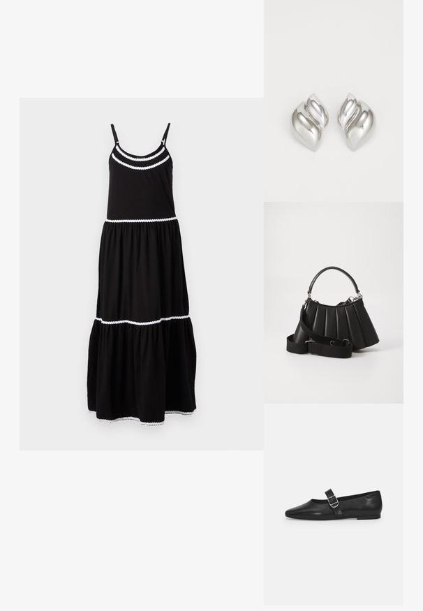 Schwarzes Baumwoll-Maxikleid mit verstellbaren Spaghetti-Trägern, weißen gewellten Abschlüssen, gestuftem Design und fließendem Rock. Geeignet für die Alltagsmode.; Schwarzer Lederflatschuh mit runder Zehenform, einem verstellbaren Schnallenriemen und einer glatten, glänzenden Oberfläche. Minimalistisches Design mit einem niedrigen Absatz.; Schwarze, gefaltete Handtasche mit einem runden Griff, verstellbarem Schulterriemen und glänzender Textur. Verfügt über silberne Hardware und eine strukturierte Silhouette.; Silberne Ohrringe mit einer organischen, abstrakten Form. Glatte, glänzende Oberfläche mit einem konischen Design. Mit dezenten Kurven und einem zentralen Linienelement.