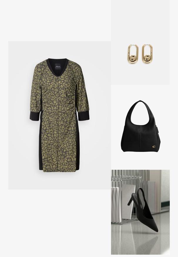 Robe à imprimé léopard avec un col en V, des manches trois-quarts et un tissu texturé de couleur vert olive. Panneaux latéraux et détails noirs pour le contraste.; Chaussure à talon haut à bout pointu et bride arrière suspendue en l'air au-dessus d'un sol brillant avec des classeurs empilés en arrière-plan.; Sac à main hobo en cuir noir avec une poignée supérieure incurvée, une couture centrale et un petit logo doré "C" dans le coin inférieur droit.; BOSS DOUBLE B SWING - Boucles d'oreilles - gold-coloured