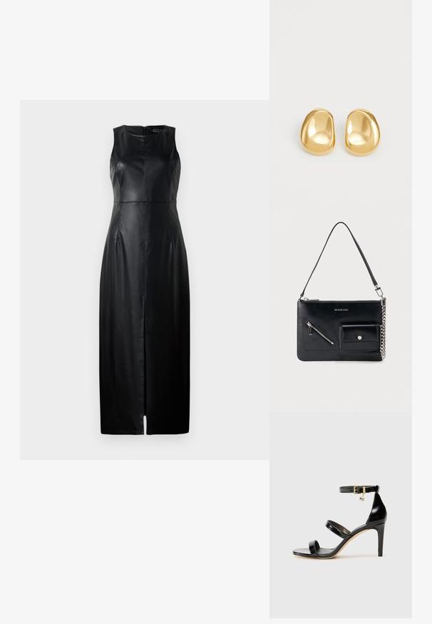 Schwarzes ärmelloses Kleid aus Leder, mit tailliertem Schnitt, knielanger Länge und einem dezenten Schlitz vorne. Rückseitiger Reißverschluss.; Schwarze Lackleder-Sandale mit drei Riemen, Knöchelriemen und 10 cm hohen Stiletto-Absatz. Verfügt über goldfarbene Hardware-Details und ein Logo-Charm.; Schwarze Michael Kors Leder-Umhängetasche mit oberem Reißverschluss, diagonalem Reißverschlussfach vorne, Klappentasche mit Druckknopf und silbernem Kettendetail.; Goldfarbene Ohrstecker mit einer glatten, runden Form und einer reflektierenden Oberfläche, die ein minimalistisches Design ohne sichtbare Muster zeigen.