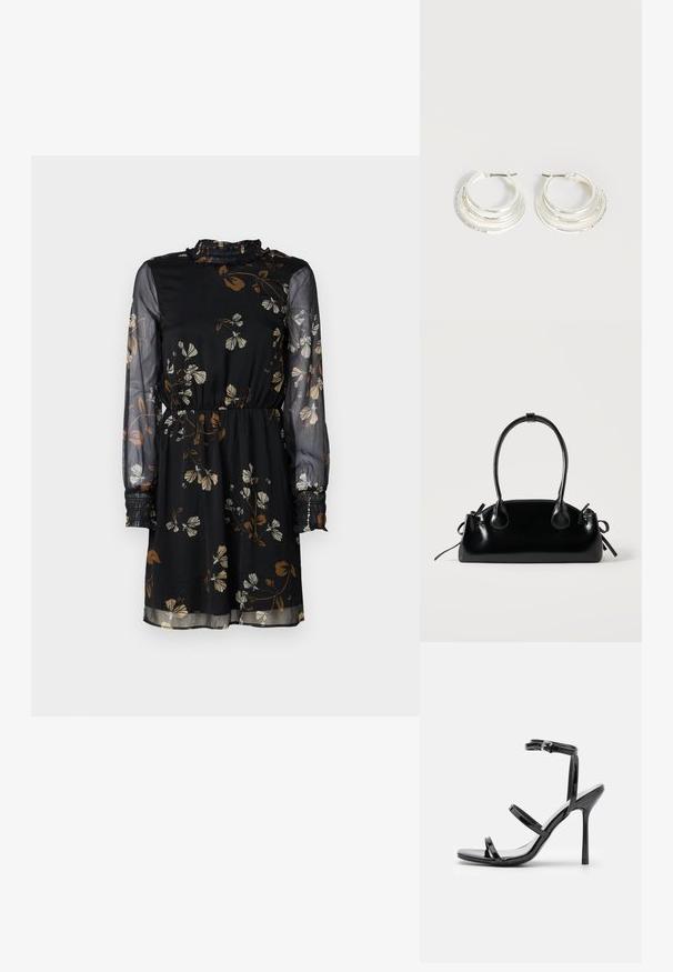 Μαύρο floral φόρεμα με μακριά διαφανή μανίκια, ελαστική μέση, ρυτιδωτό γιακά και καφέ και λευκά λουλούδια σε όλη την επιφάνεια.; Μαύρες πατεντέ δερμάτινες σανδάλια με ψηλό τακούνι, τρία οριζόντια λουριά και ρυθμιζόμενο λουρί στον αστράγαλο. Κομψό σιλουέτα και γυαλιστερό φινίρισμα.; Μικρή μαύρη γυαλιστερή τσάντα με δύο μακριές λαβές και λεπτομέρειες με ρυθμιζόμενο κορδόνι στο πλάι σε απλό ανοιχτό φόντο.; Ασημένια σκουλαρίκια κρίκοι με τρεις στρωτές ημικυκλικές ζώνες, μία διακοσμημένη με μικρά διάφανα κρύσταλλα σε ανοιχτό φόντο.