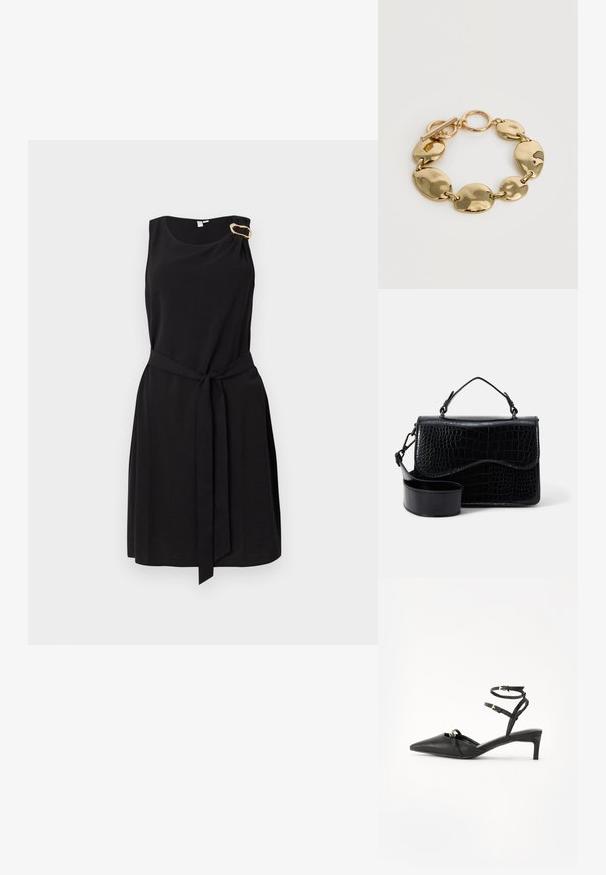 Must have kaelusteta must kleit külje vahelise paelaga. Valmistatud pehmest materjalist, millel on istuv talje ja laiendav seelik. Sile tekstuur ja lihtne disain.; Mustast nahast slingback hööd, millel on terav varvas, õhukesed pahkluu rihmad, kullased detailid ja peen kont. Sile tekstuur ja minimaalne disain.; Must rä Black faux nahk Crossbody kott, millel on tekstureeritud krokodillimuster, ülemine käepide ja reguleeritav rihm. Omadus: kaarjas klapp sulgemine.; Kullatoonist jäme käevõru, millel on vahelduvad suured ja väikesed ebaregulaarsed ovaalsed lingid ning klõpskinnitus valgel taustal.
