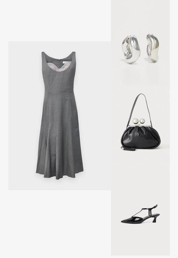 Robe grise sans manches avec un décolleté en rond, jupe évasée et fermeture éclair dissimulée au dos. Fabriquée en tissu texturé avec une doublure lisse.; Chaussure slingback femme en cuir verni noir à talon bas, bout pointu et fine bride avec petite boucle.; Sac à main en cuir noir avec un design plissé, une sangle unique, un cadre métallique argenté et deux grandes fermoirs ronds en argent.; Boucles d'oreilles sculpturales en argent avec des formes douces et courbes et des surfaces réfléchissantes. Présentent un design de boucle fermée et une forme organique distincte.